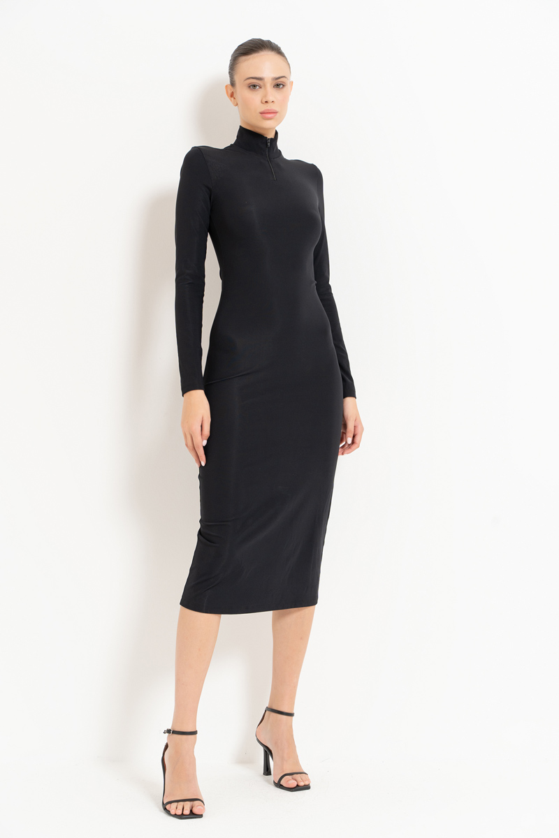 Black Zipped Mock Neck Dress