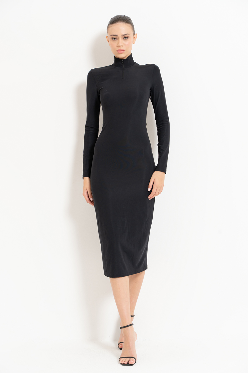 Black Zipped Mock Neck Dress