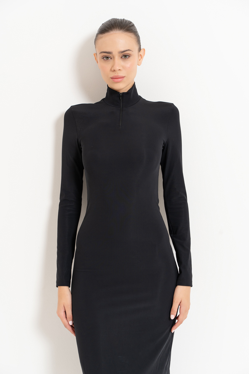 Black Zipped Mock Neck Dress