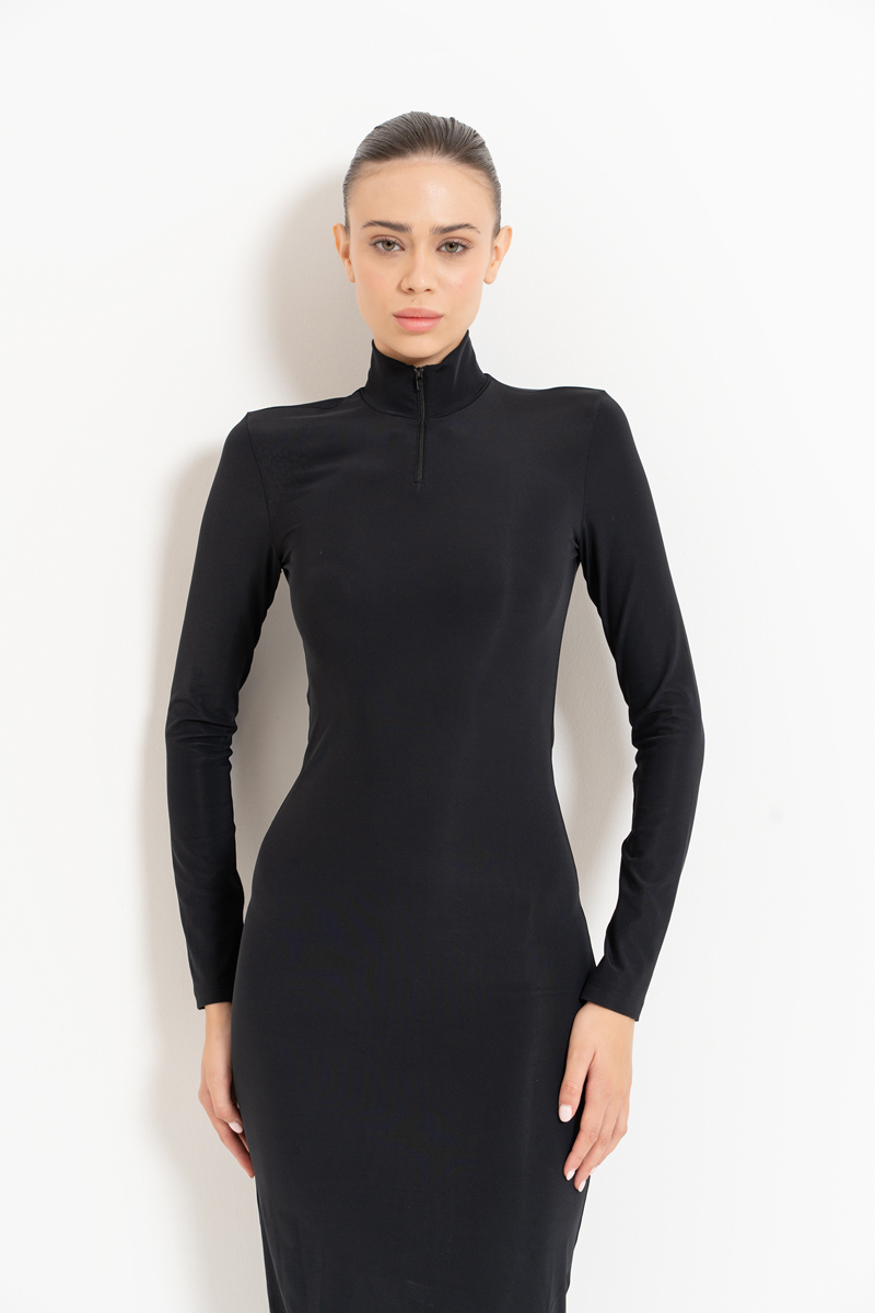 Black Zipped Mock Neck Dress