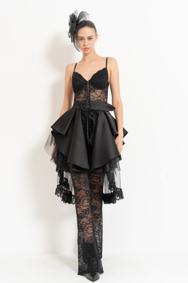 Black Mesh-Layered Peplum