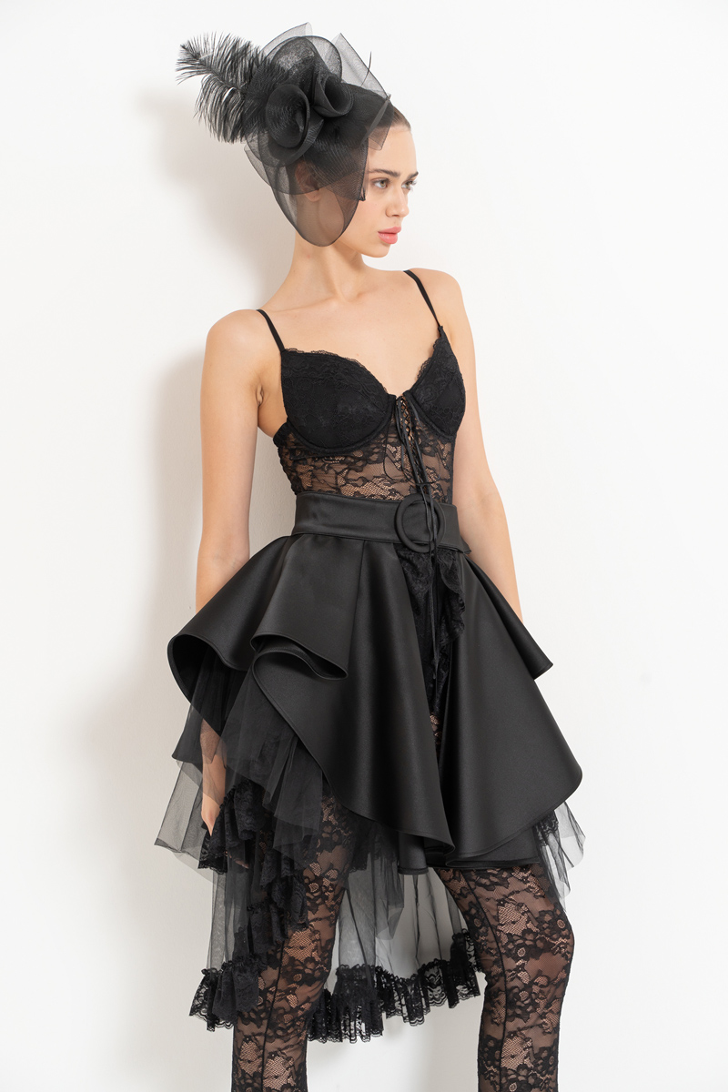 Black Mesh-Layered Peplum