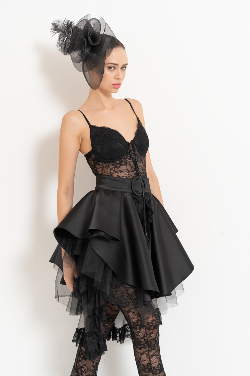 Black Mesh-Layered Peplum