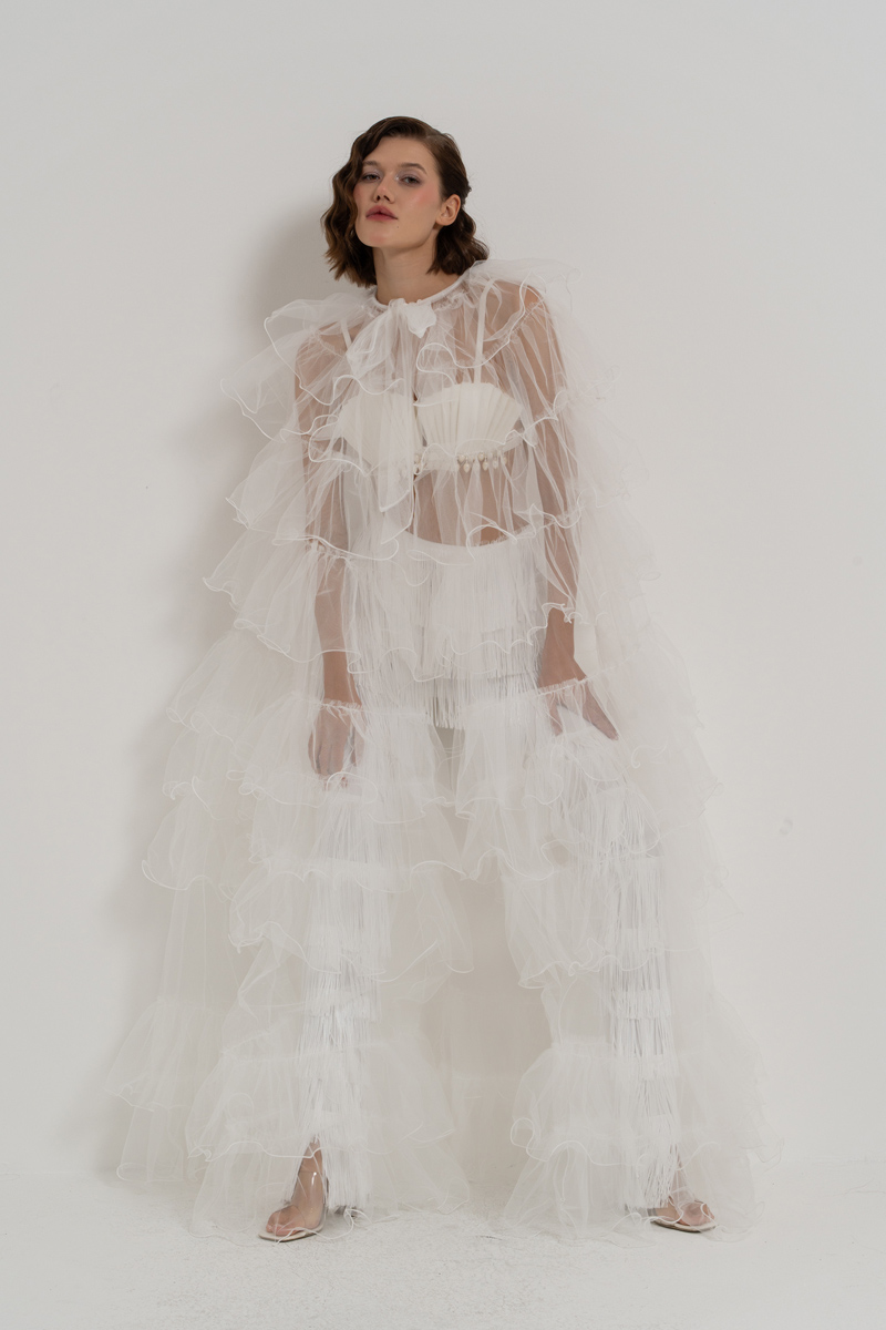 Wholesale Offwhite Tiered-Ruffle Tulle Cape