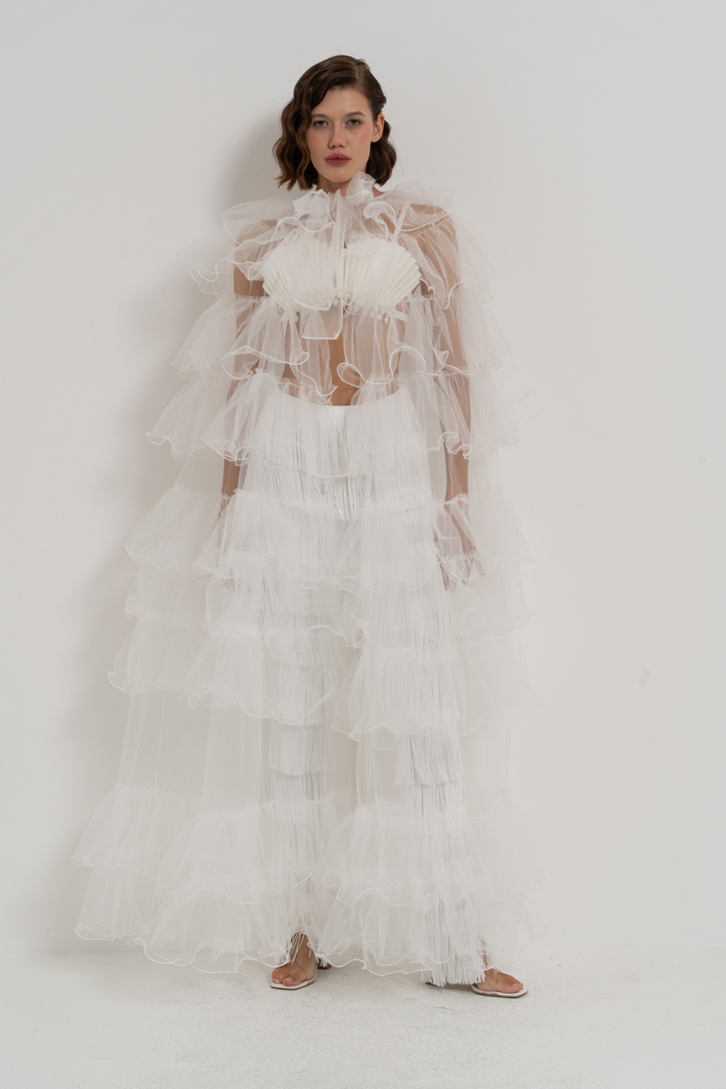 Offwhite Tiered-Ruffle Tulle Cape