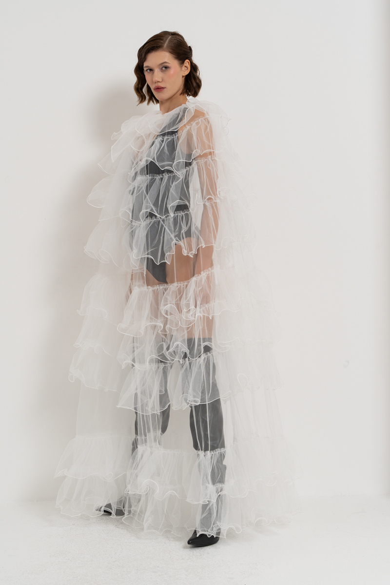 Offwhite Tiered-Ruffle Tulle Cape