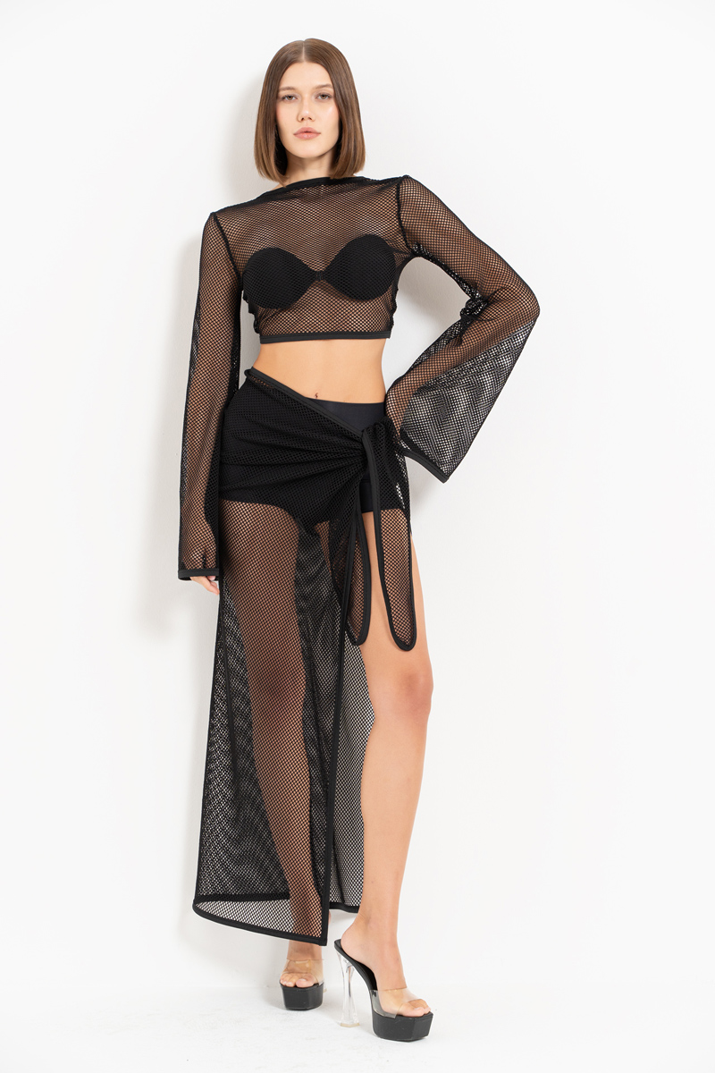 Black Two Way Tie Net Top & Skirt Set