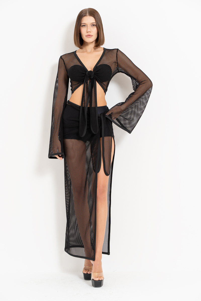 Wholesale Black Two Way Tie Net Top & Skirt Set