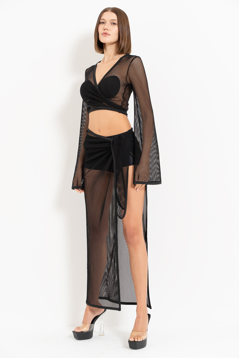 Wholesale Black Two Way Tie Net Top & Skirt Set