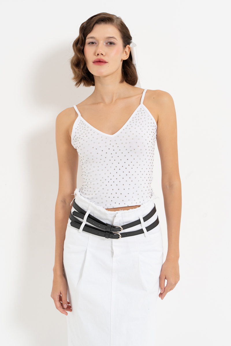 White V-Neck Embellished Cami Top