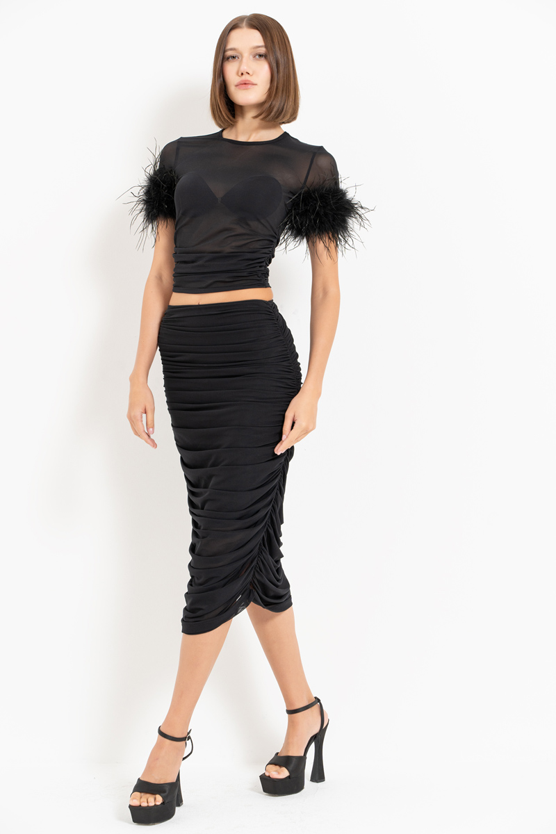 Wholesale Black Feather-Sleeve Crop Top & Ruched Skirt Set