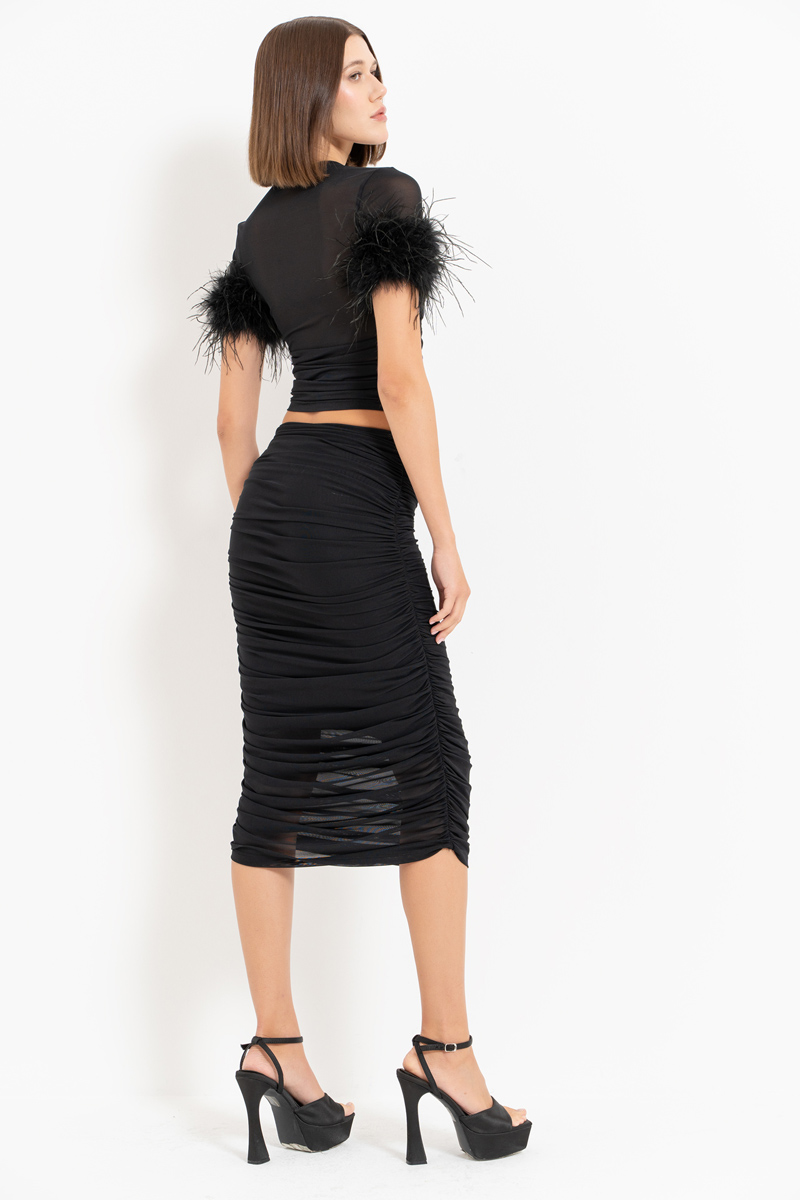 Black Feather-Sleeve Crop Top & Ruched Skirt Set