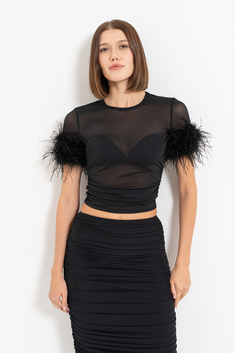 Black Feather-Sleeve Crop Top & Ruched Skirt Set