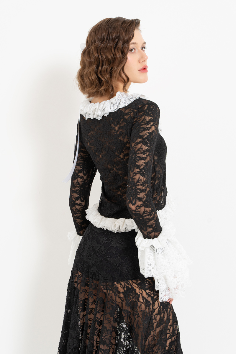 Black-White Tie-Front Ruffle-Trim Lace Top