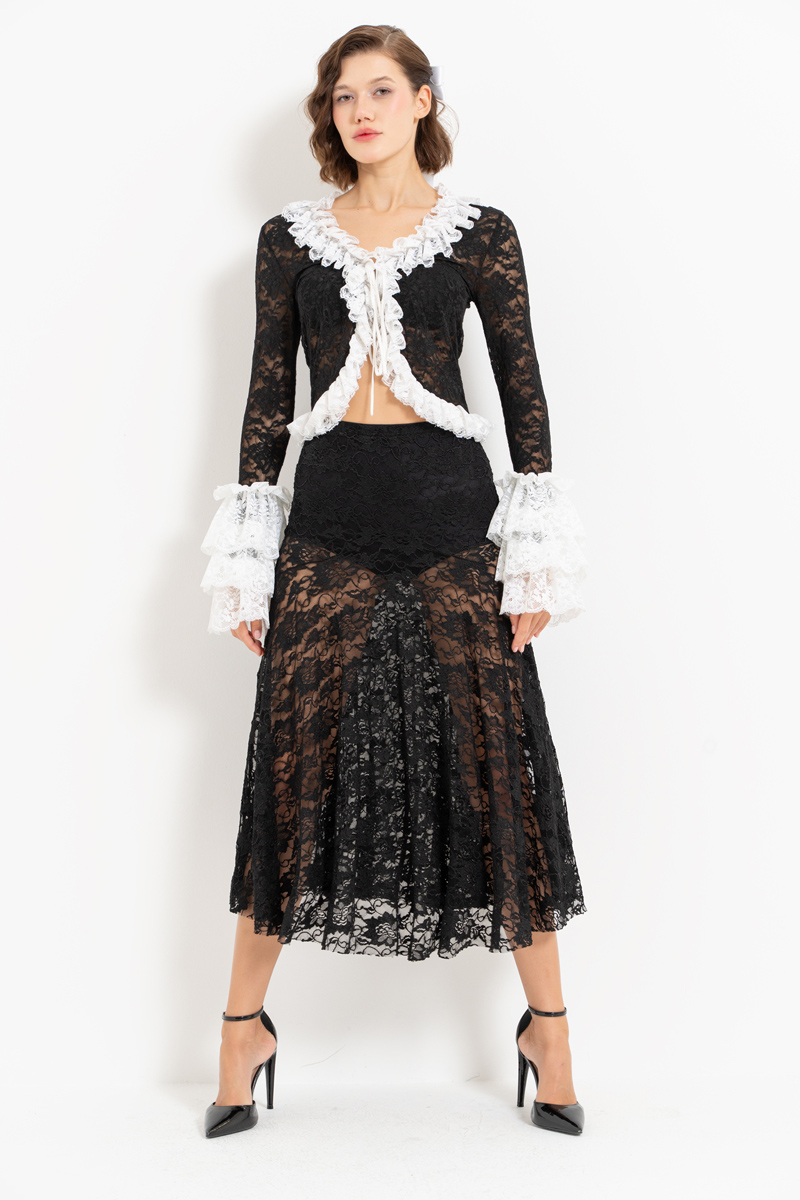 Black-White Tie-Front Ruffle-Trim Lace Top