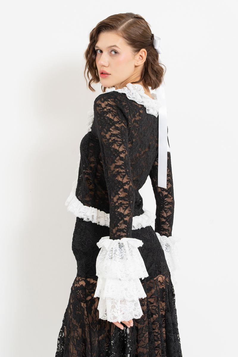 Black-White Tie-Front Ruffle-Trim Lace Top