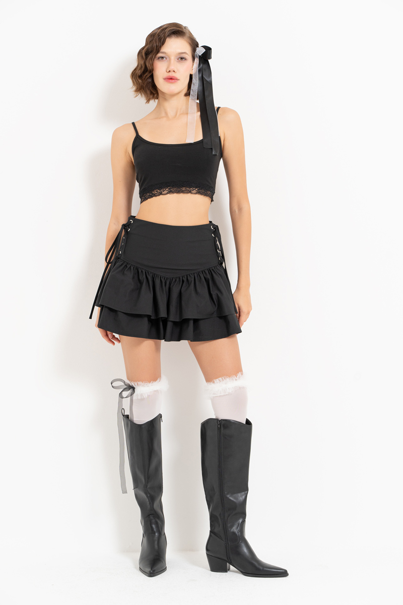 Wholesale Black Tiered-Ruffle Mini Skirt