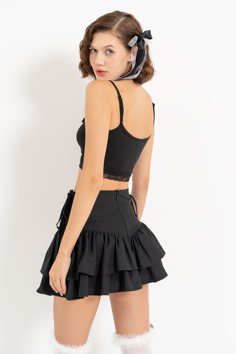 Black Tiered-Ruffle Mini Skirt