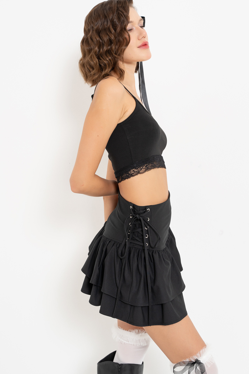 Black Tiered-Ruffle Mini Skirt