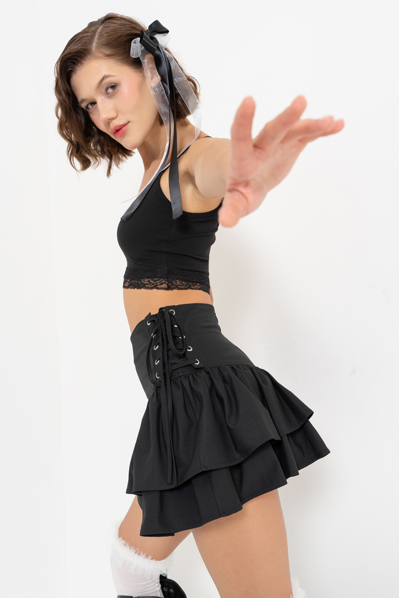Wholesale Black Tiered-Ruffle Mini Skirt