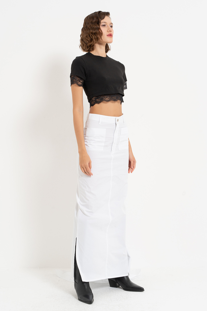 White Tail-Accent Skirt with Pockets