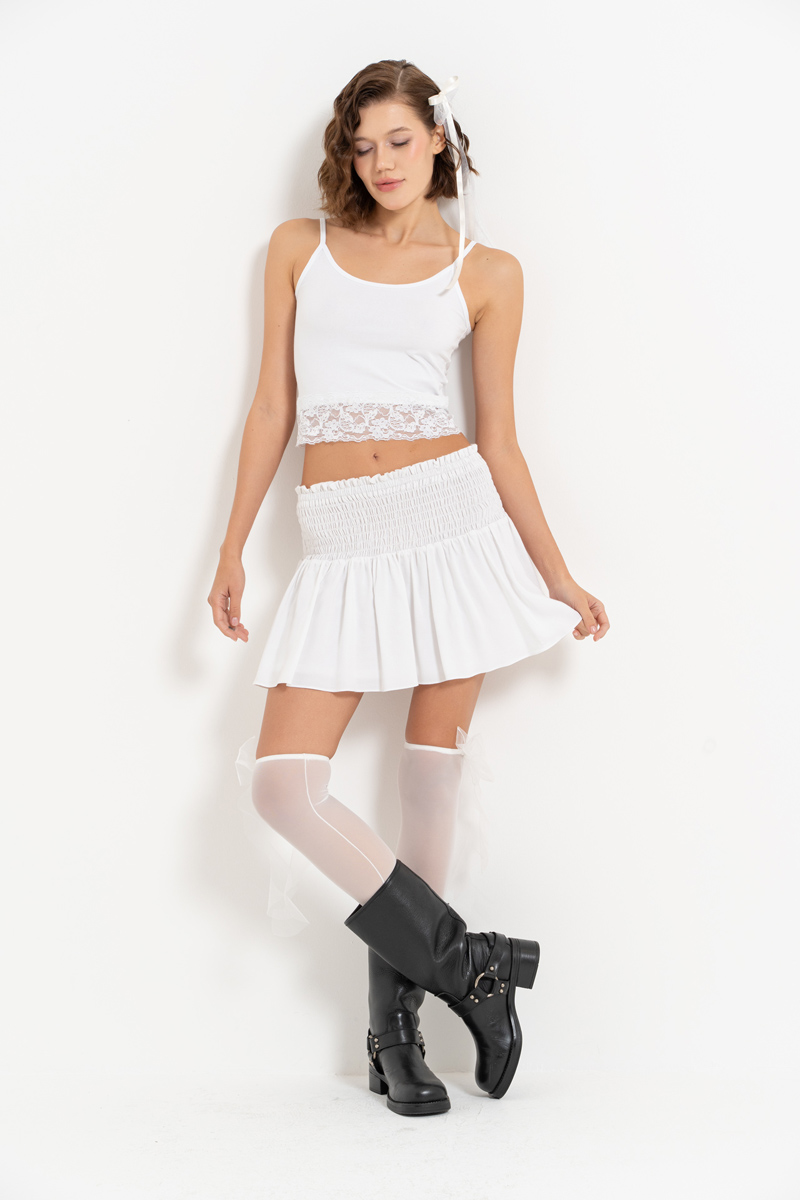 White Smocked Mini Skirt with Interior Lining