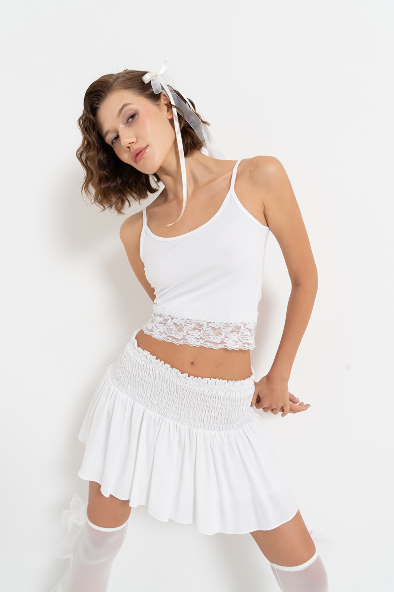 White Smocked Mini Skirt with Interior Lining
