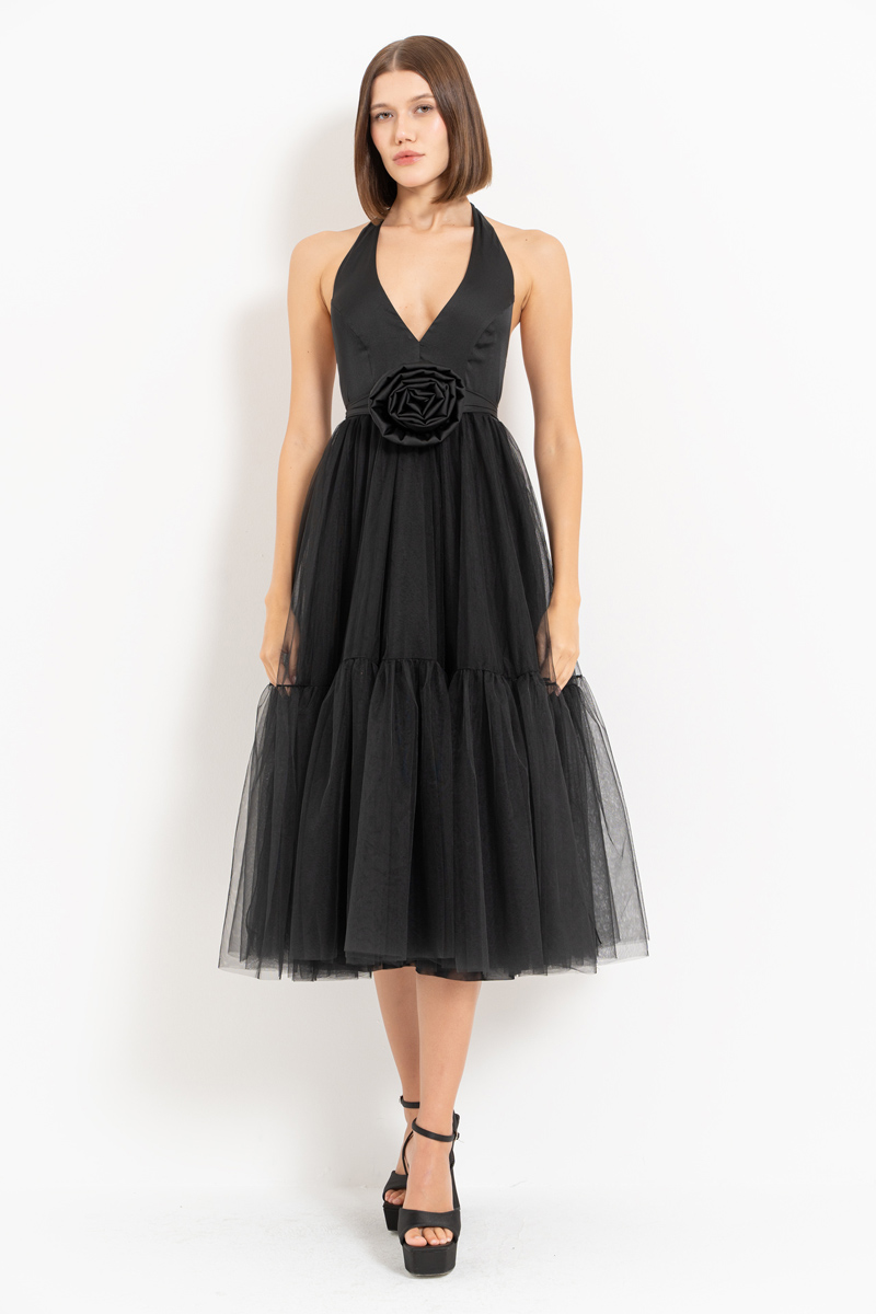 Black Tie-Neck Tutu Dress