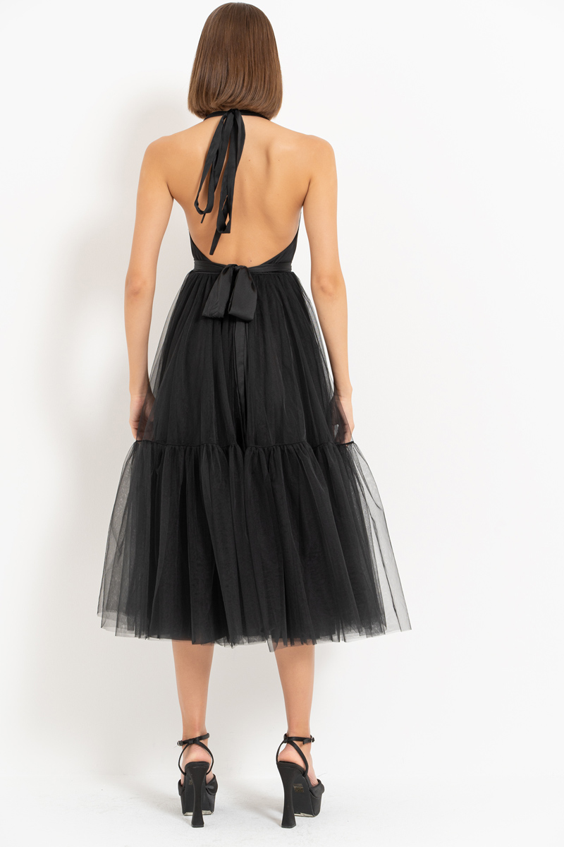 Black Tie-Neck Tutu Dress