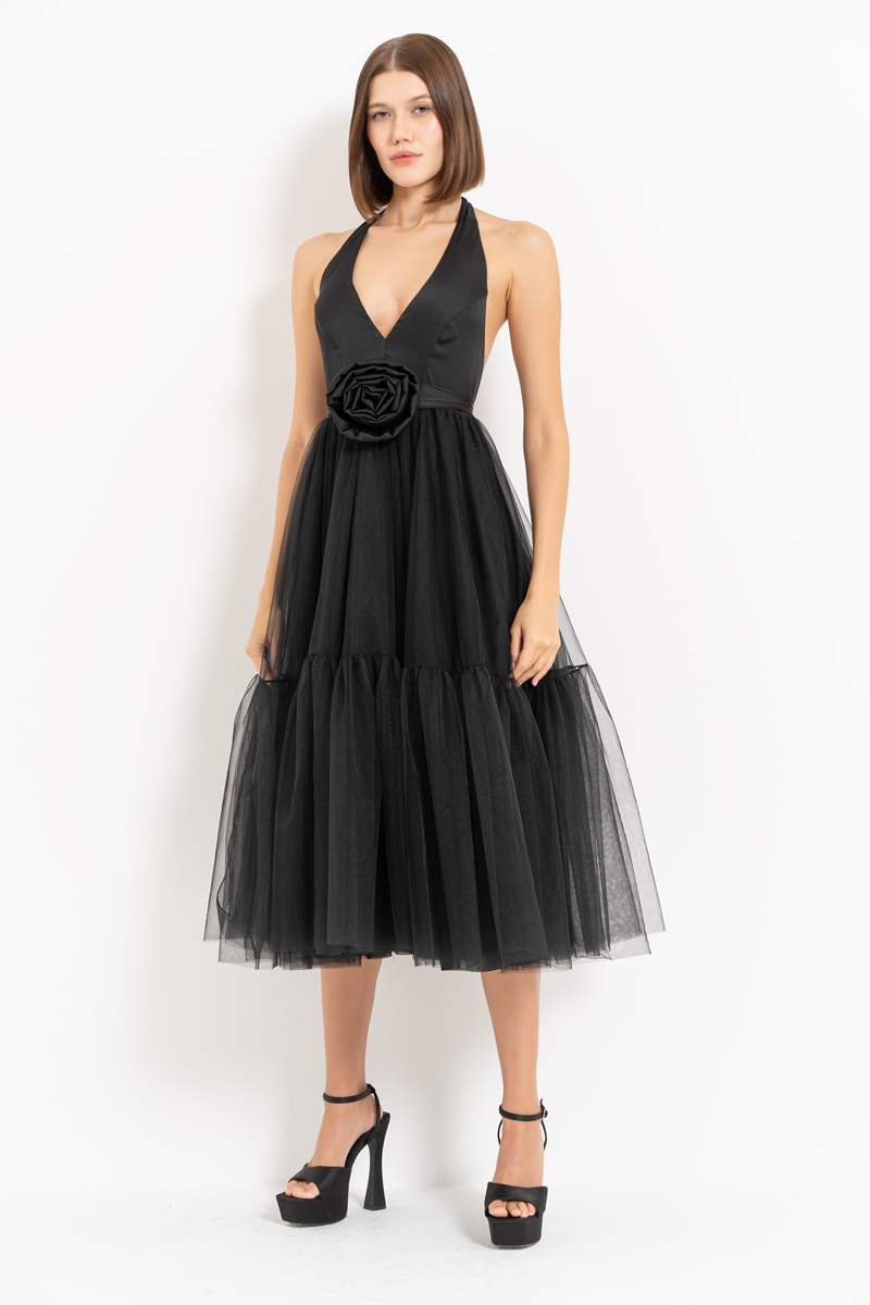 Black Tie-Neck Tutu Dress