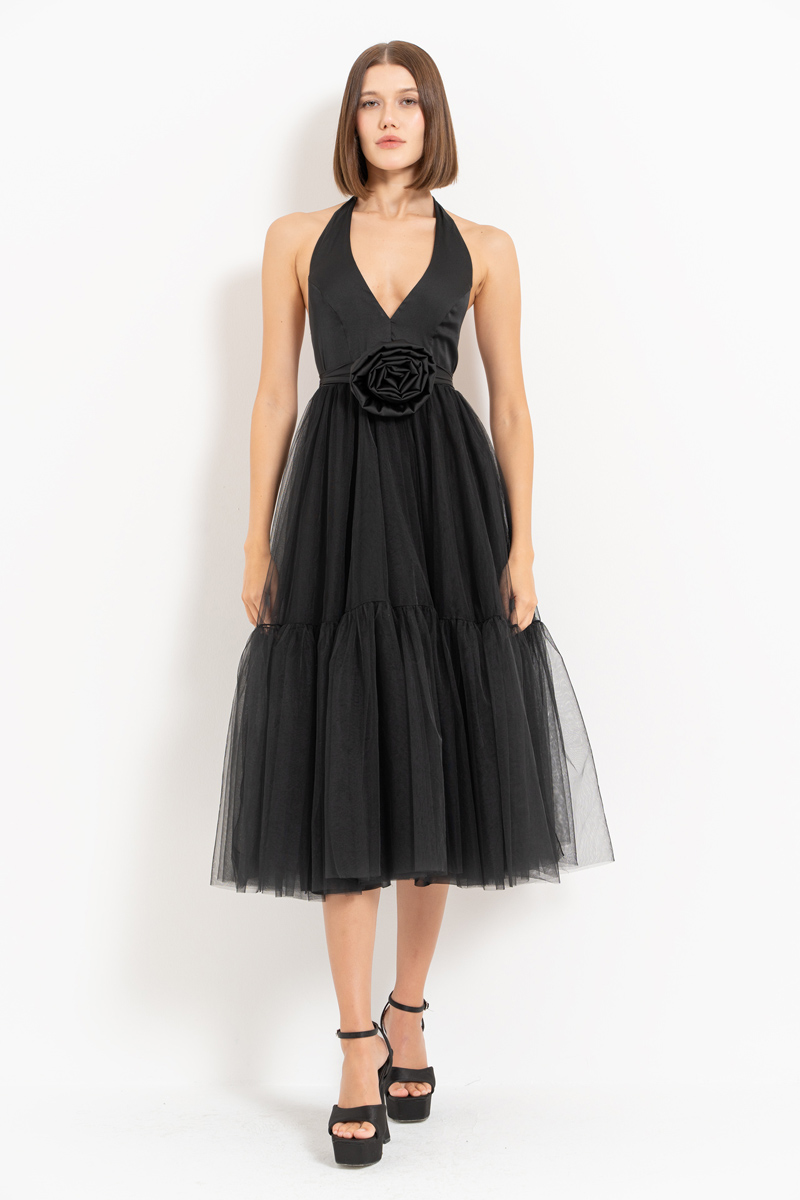 Black Tie-Neck Tutu Dress