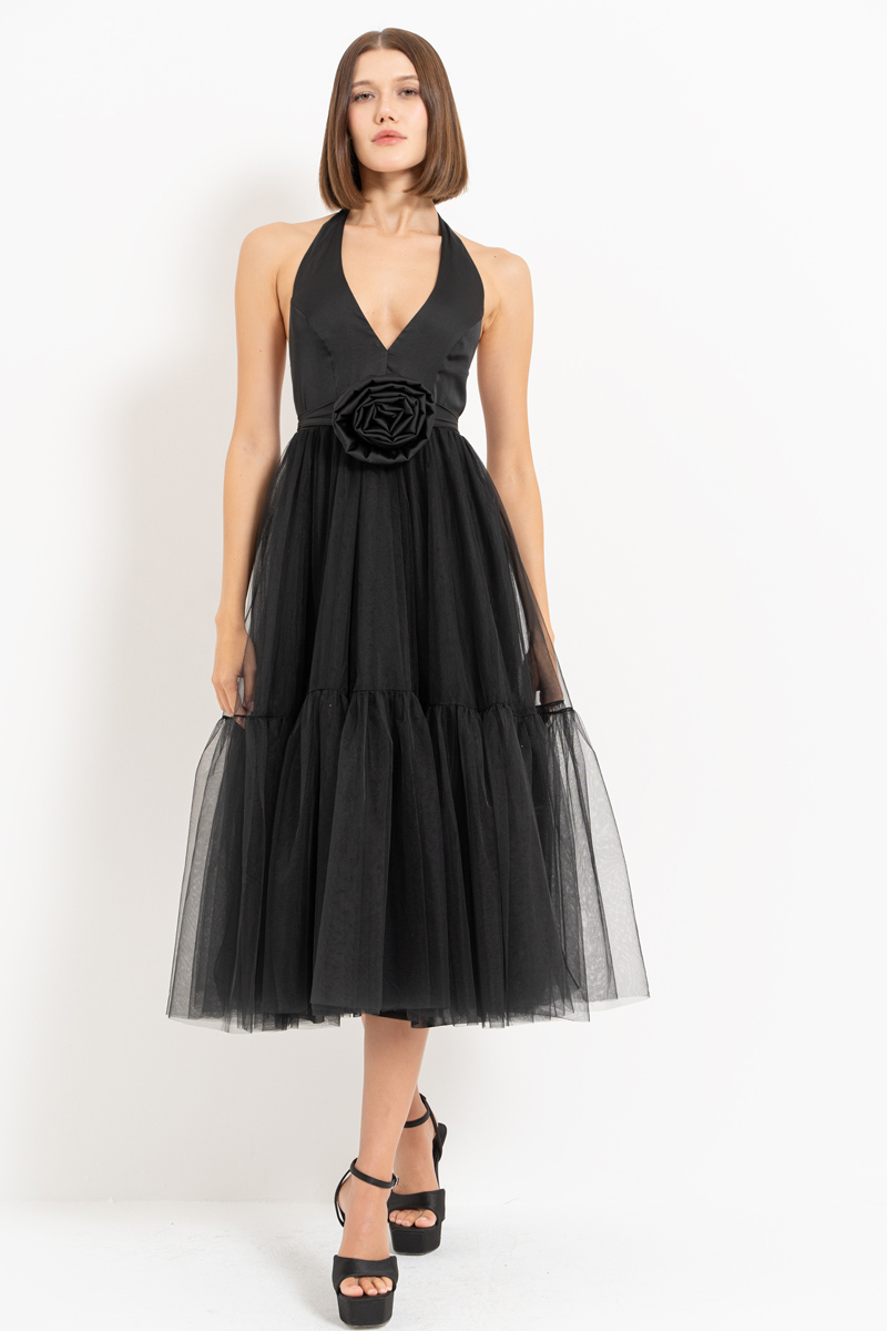 Black Tie-Neck Tutu Dress