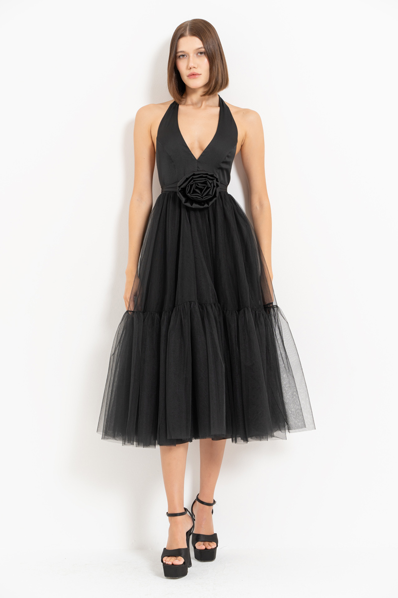 Black Tie-Neck Tutu Dress