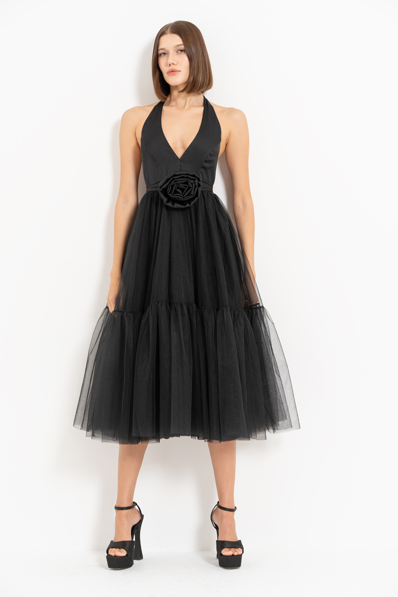 Black Tie-Neck Tutu Dress