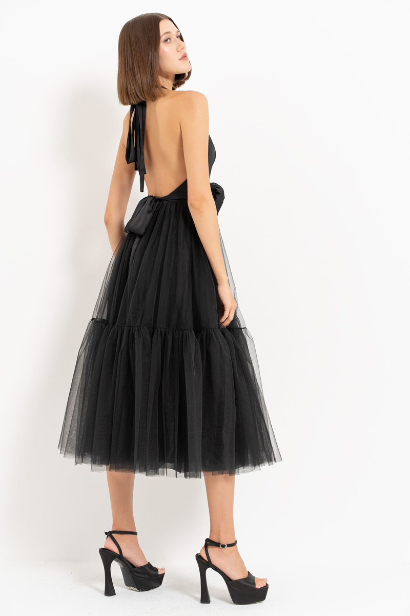 Black Tie-Neck Tutu Dress