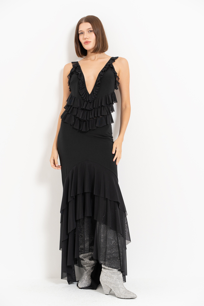 Wholesale Black Ruffle-Trim Cami Maxi Dress