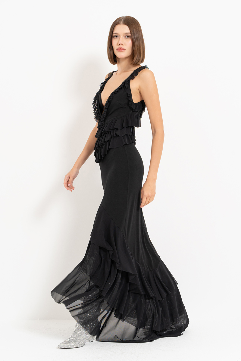 Black Ruffle-Trim Cami Maxi Dress