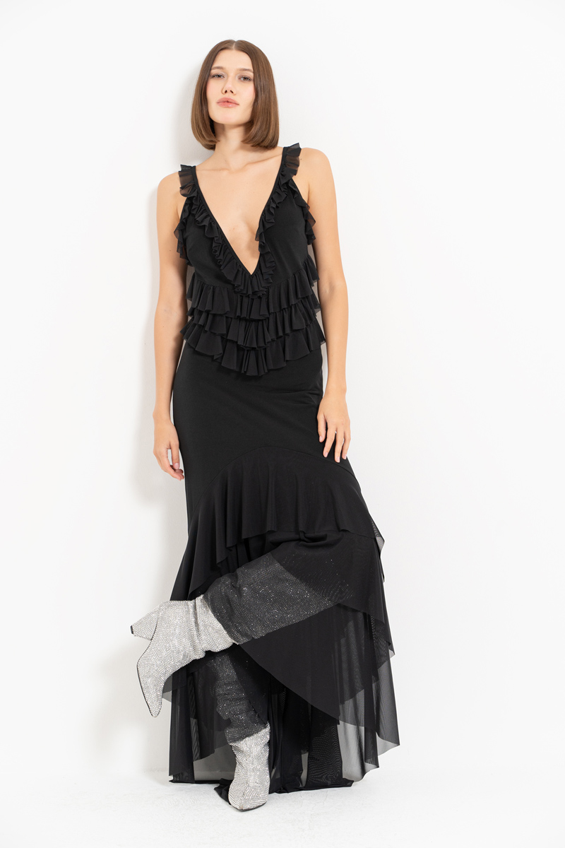 Wholesale Black Ruffle-Trim Cami Maxi Dress