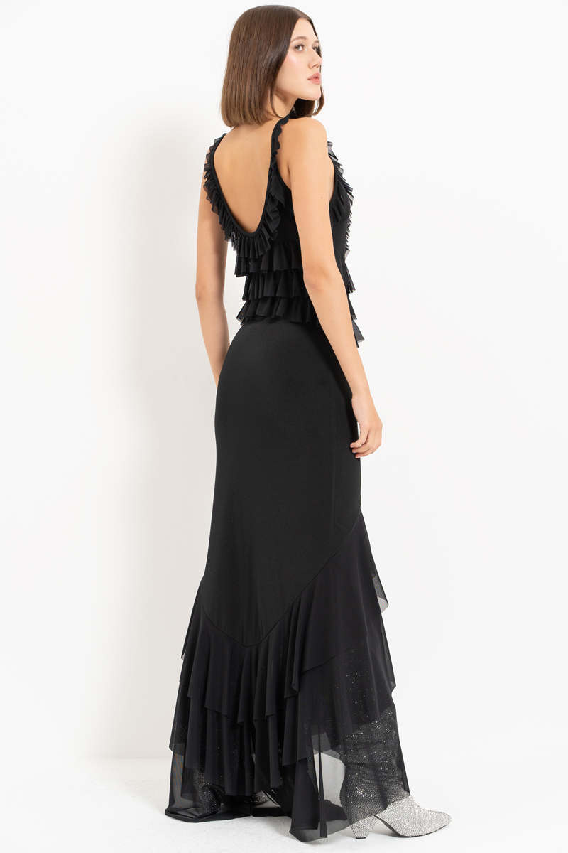 Black Ruffle-Trim Cami Maxi Dress