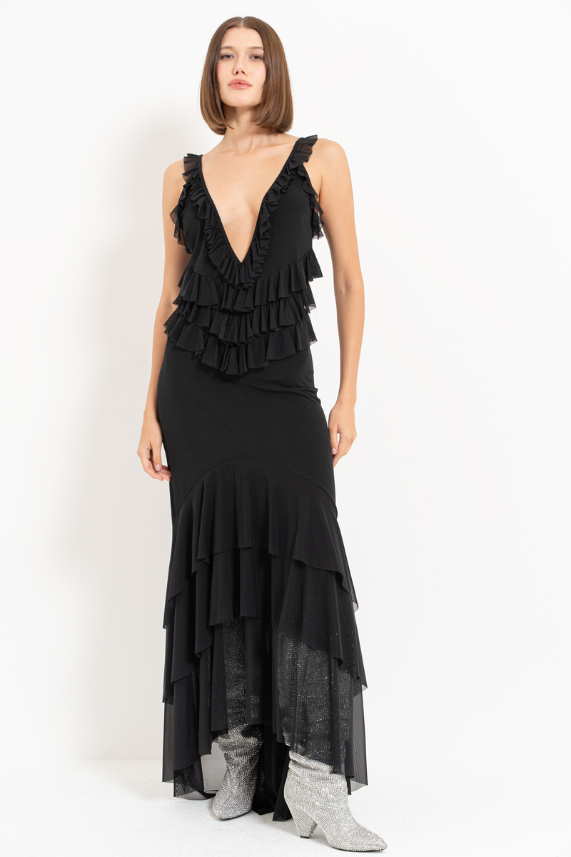 Black Ruffle-Trim Cami Maxi Dress