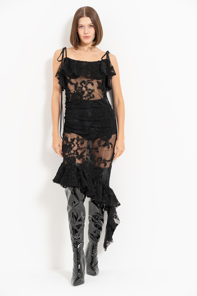 Black Ruffle-Hem Asymmetric Lace Dress