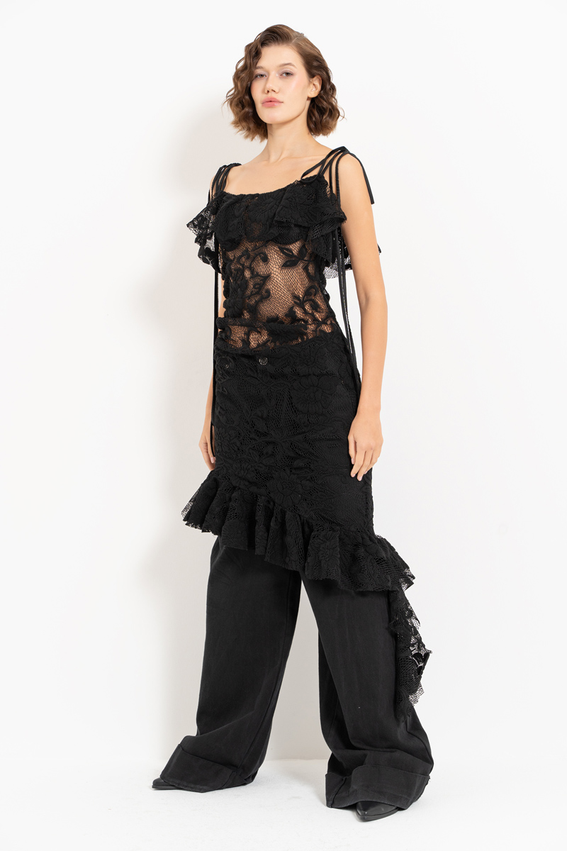 Black Ruffle-Hem Asymmetric Lace Dress