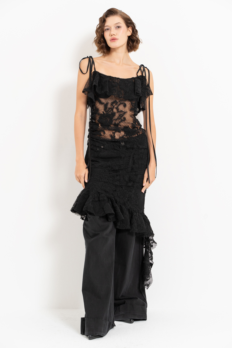 Black Ruffle-Hem Asymmetric Lace Dress