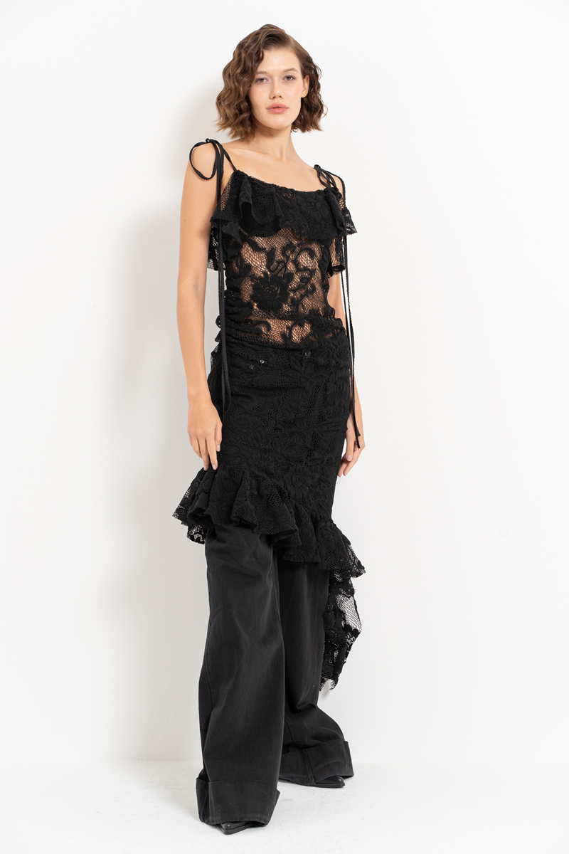 Black Ruffle-Hem Asymmetric Lace Dress