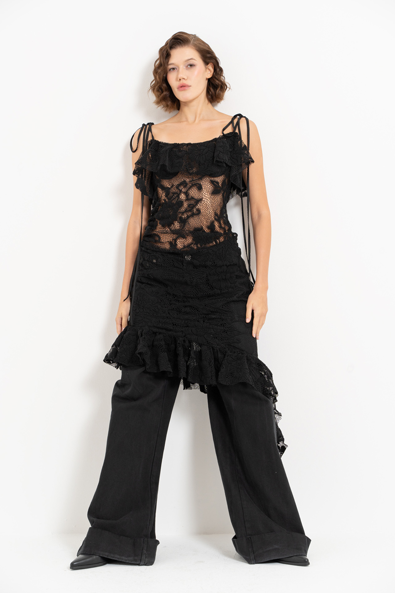 Black Ruffle-Hem Asymmetric Lace Dress