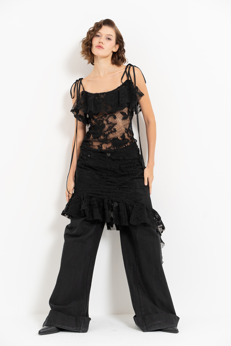 Black Ruffle-Hem Asymmetric Lace Dress