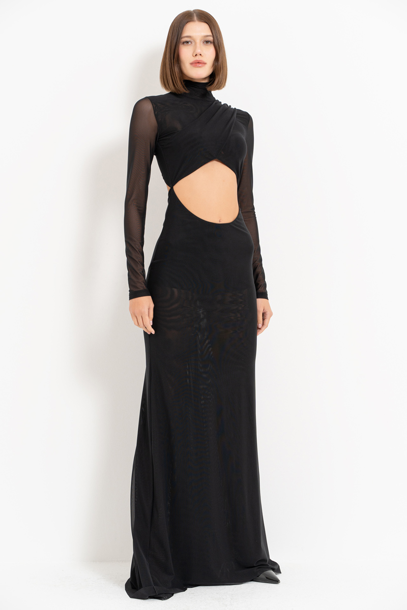 Wholesale Black Cut Out Waist Mesh Maxi Dress