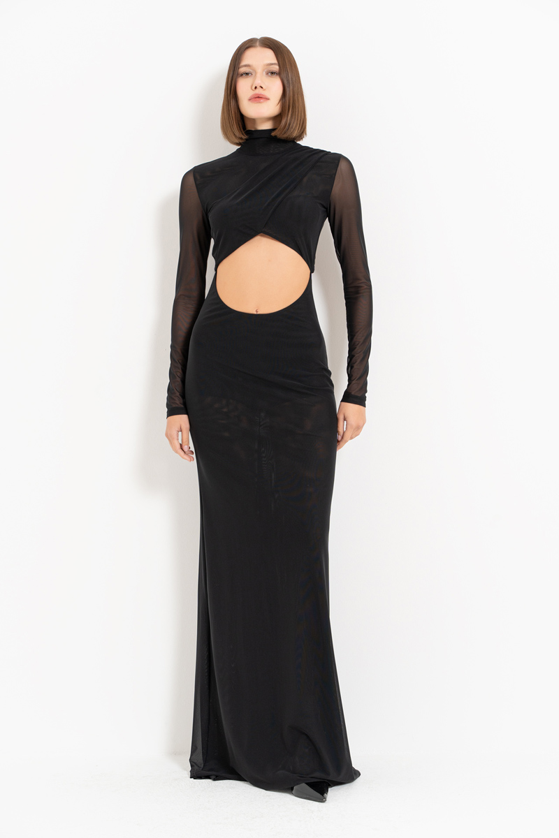 Wholesale Black Cut Out Waist Mesh Maxi Dress
