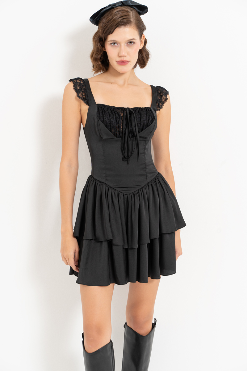 Black Lace-Insert Satin Mini Dress