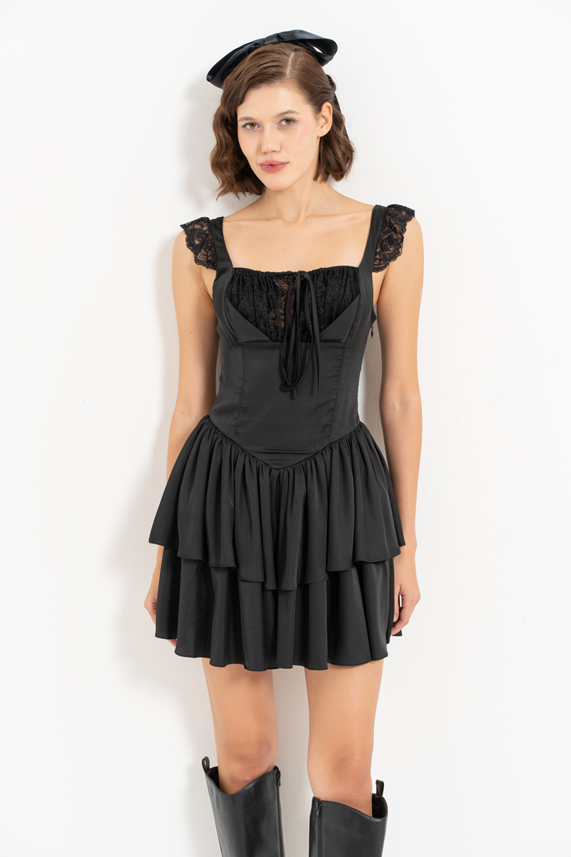 Black Lace-Insert Satin Mini Dress